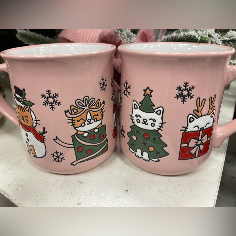 Clementine Pink Christmas Cats White & Orange Cat Snowman Ceramic Coffee Mug NEW